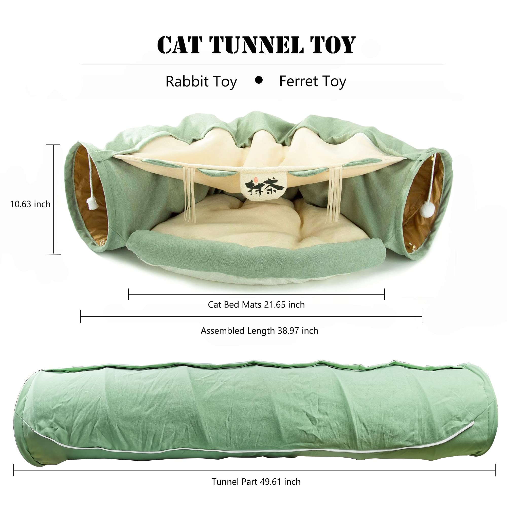 KUCDBUN Cat Tunnel Bed, 2-in-1 Collapsible Cat Tunnel Tubes Toys with Removable Mat for Pet Cats Kittens Puppies Rabbits Bunnies