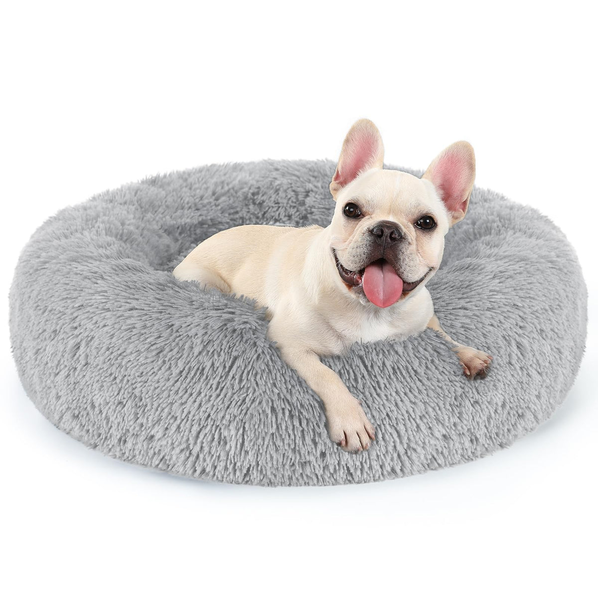 Rabbitgoo Dog Bed For Small, 24 Inches Machine Washable, Fluffy Donut Pet Bed Anti-Slip, Calming Soft Plush Round Cushion, Fits Up To 18 Lbs Pets, Light Grey