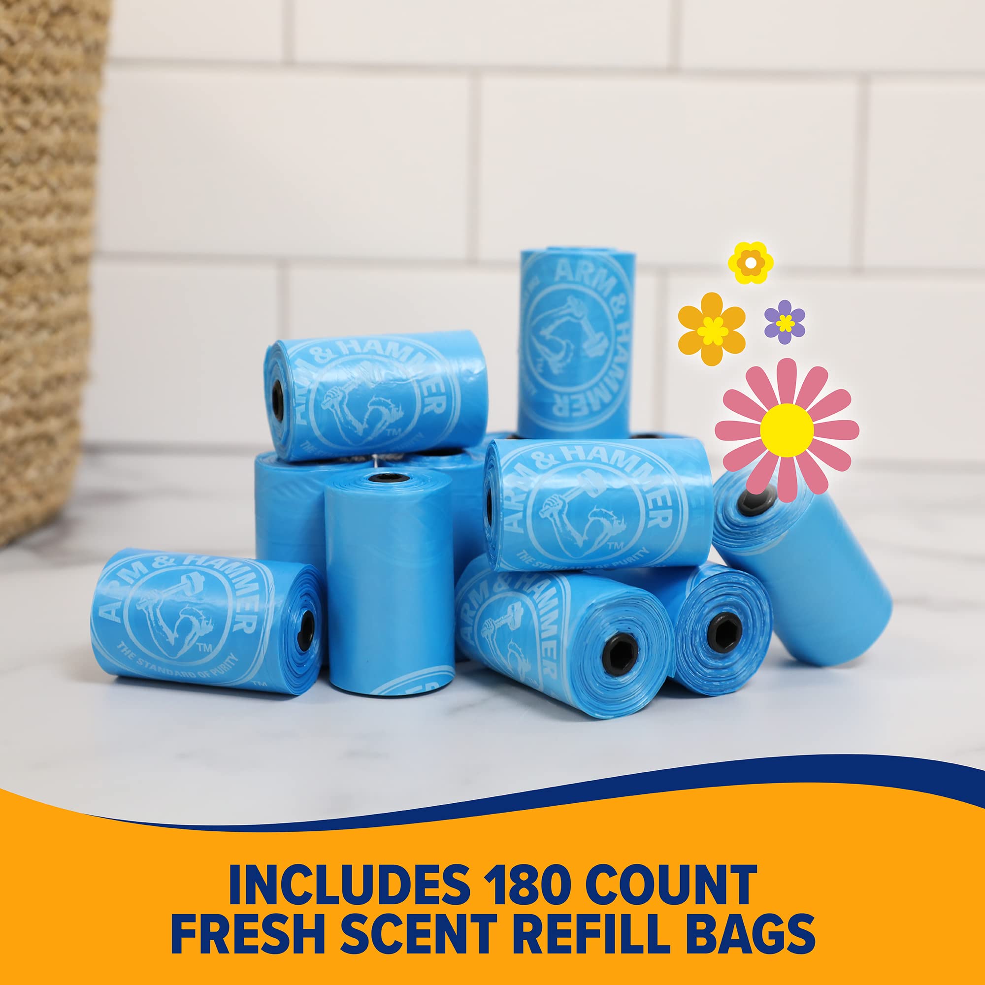 Arm & Hammer Durable Disposable Dog And Cat Waste Bags With Activated Baking Soda, 180 Dog Poop Bags, 9 X 14 Inches, Blue