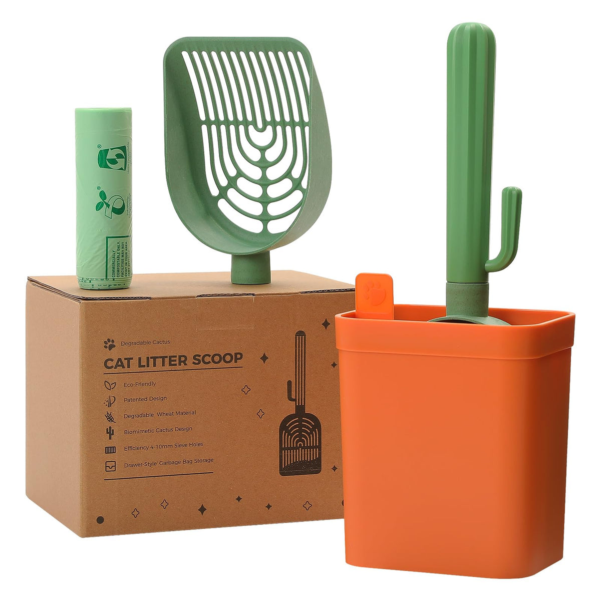 Muttros Cactus Cat Litter Scooper With Holder - 2 Replaceable Wheat Straw Plastic Shovels & Abs Handle And Box - Cat Litter Scoo