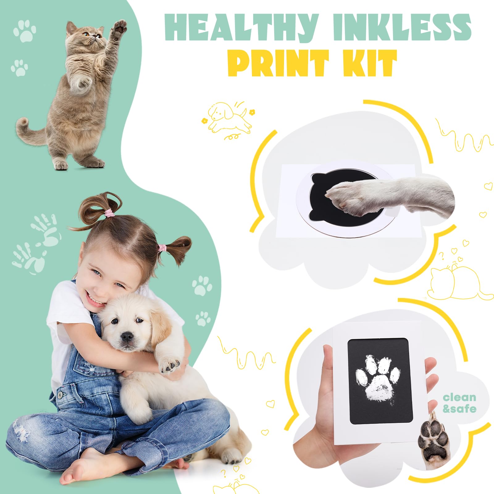 Nabance Paw Print Kit, Dog Nose Print Kit, Mess-Free Paw Print Ink Pads, 8Pcs Pet Paw Print Impression Kit with Photo Frames, Sa
