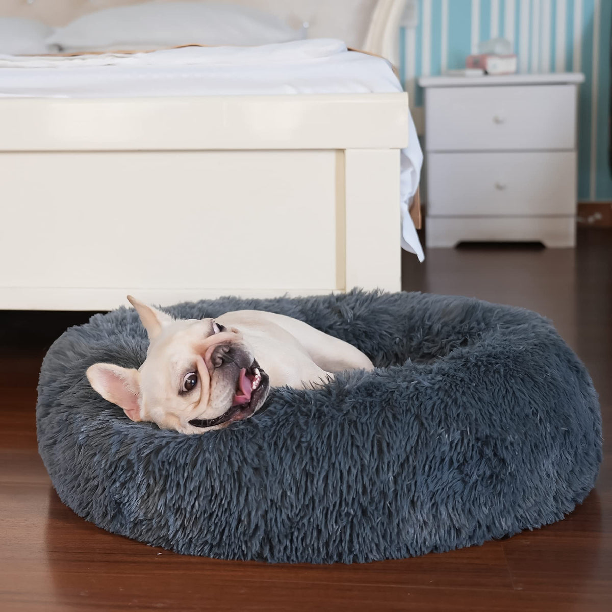 Puppy Bed For Calming Dog 23 Inches Dark Gray Anti-Anxiety Donut Dog Bed For Small Medium Dogs Washable Fuzzy Dog Bed Fits Up To