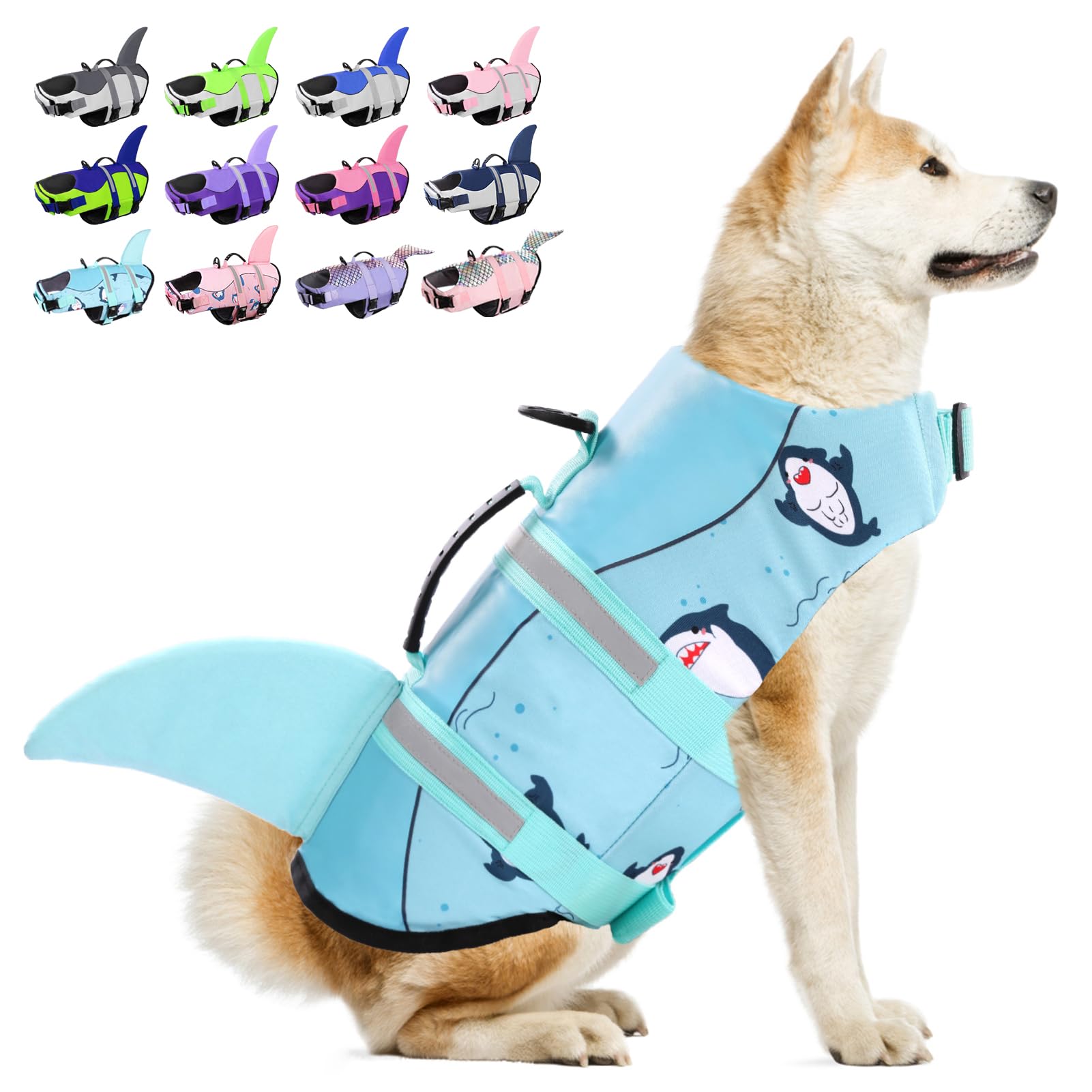 Dog Life Jacket, Large Dog Life Vest for Swimming Boating, Shark Life Jackets for Small Medium Large Dogs, Reflective Dog Lifesa
