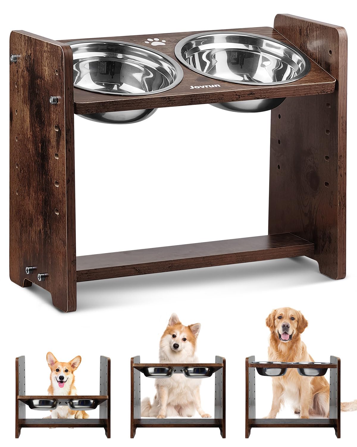 Jovrun Elevated Dog Bowls Stand - Adjustable Raised Feeder for Medium Dogs & Cats, Durable Bamboo with SS Bowls & Non-Slip Feet