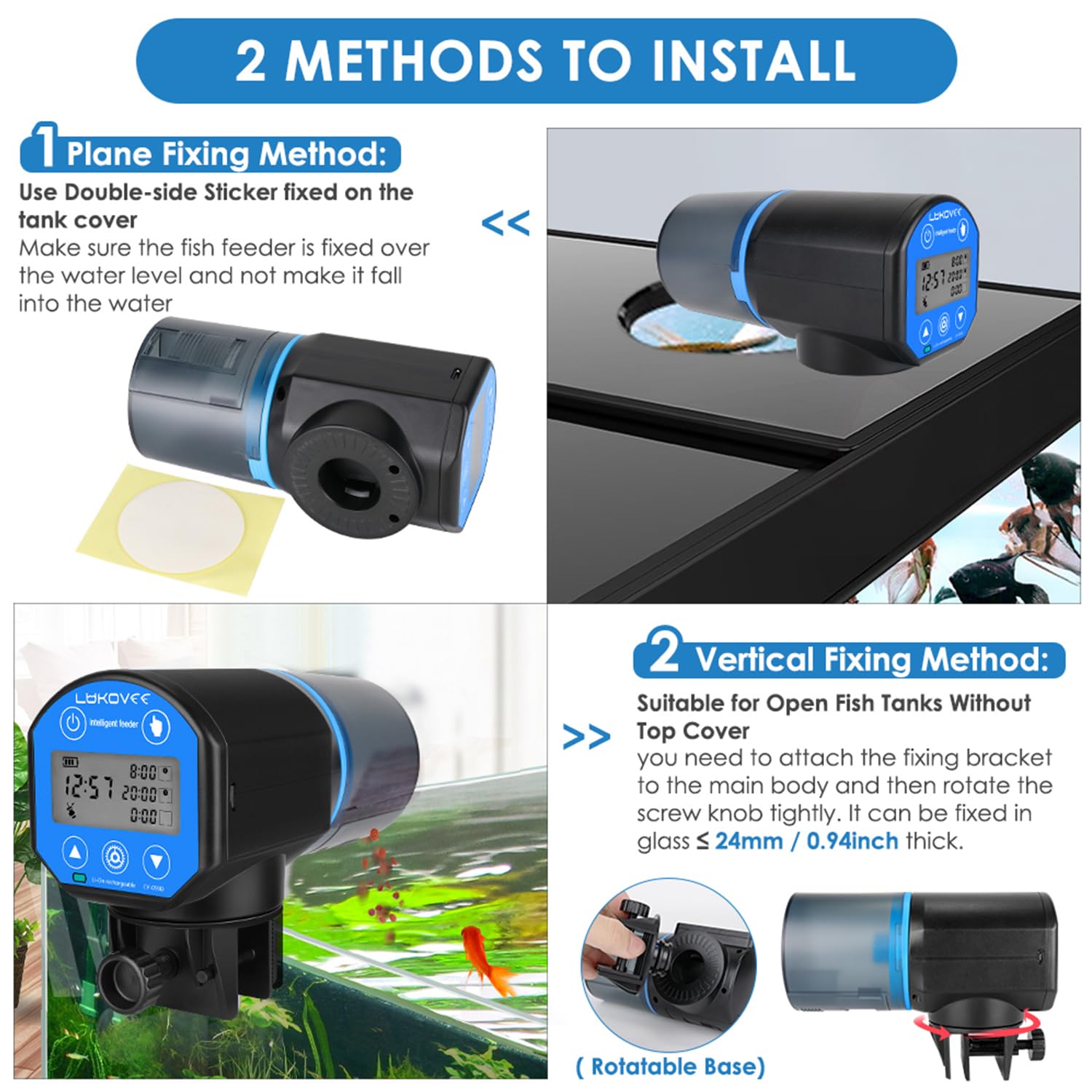 Lukovee Automatic Fish Feeder,New Generation Feeding Time Display USB Rechargeable Timer Moisture-Proof Aquarium or Fish Tank Fo