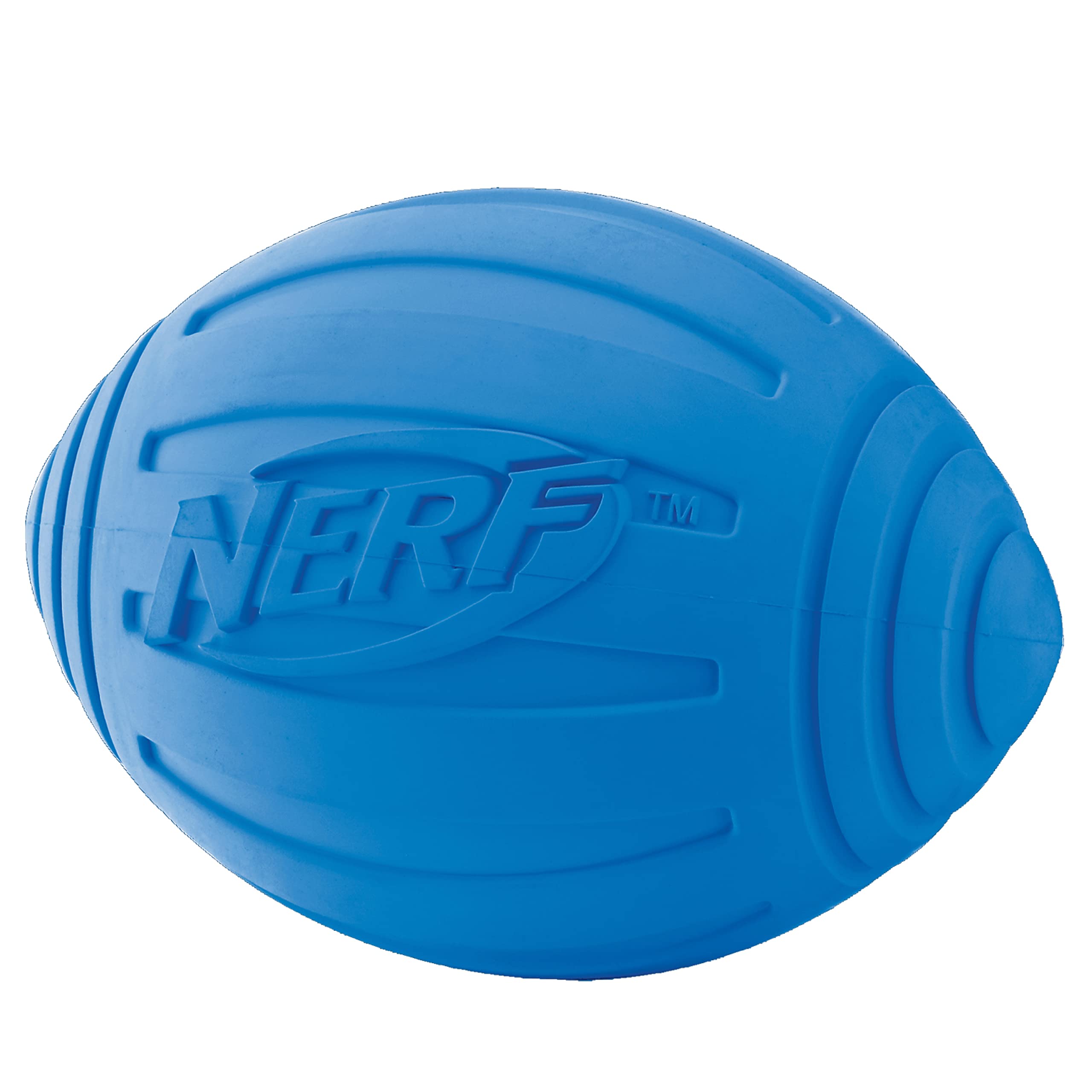 Nerf Dog Ridged Football Dog Toy With Interactive Squeaker, Lightweight, Durable And Water Resistant, 7 Inch Diameter For Medium/Large Breeds, Single Unit, Blue