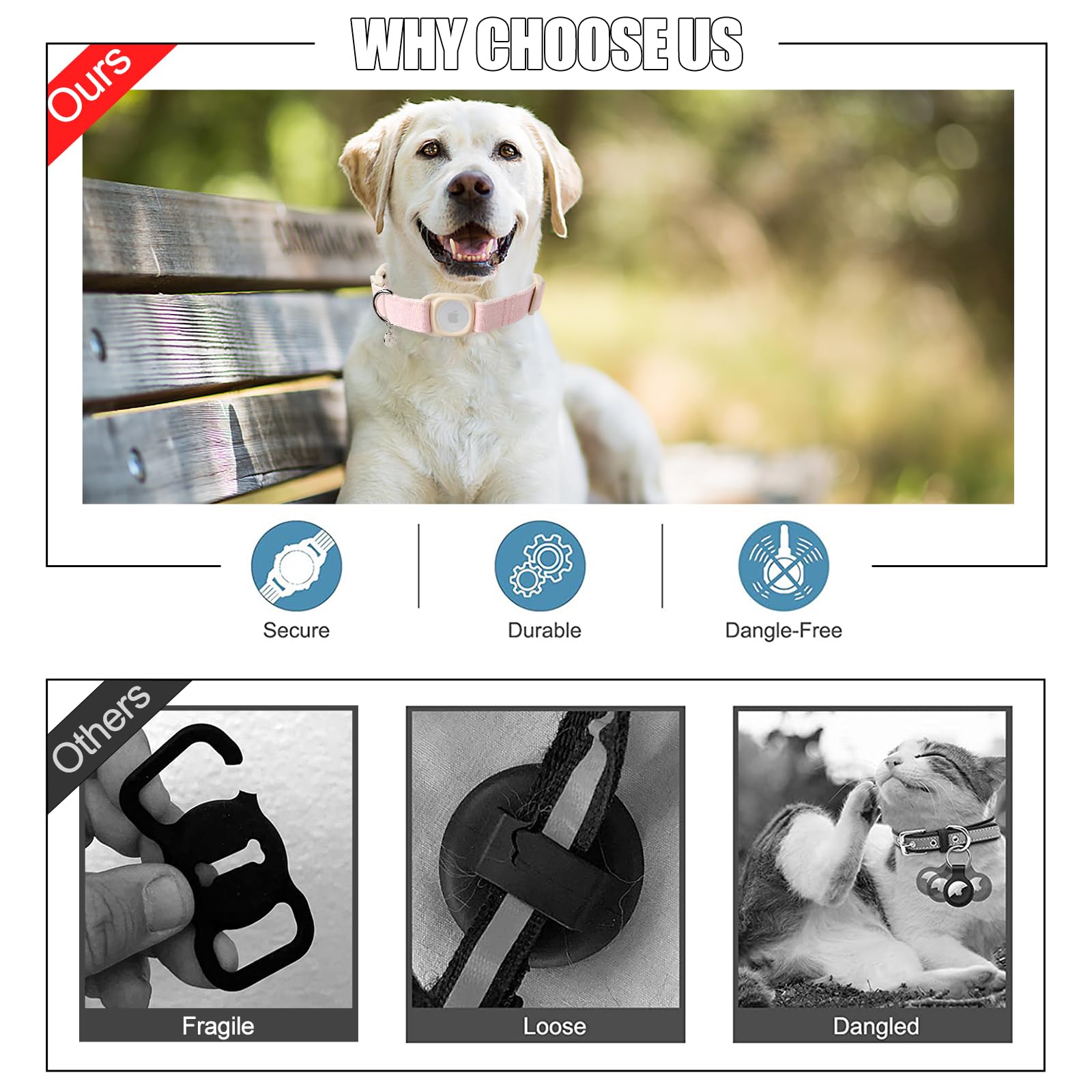 Dogwong Airtag Cotton Hemp Dog Collar, Heavy-Duty Dog Collar With Airtag Holder Beige Natural Fabric Pet Cute Puppy Necklace For