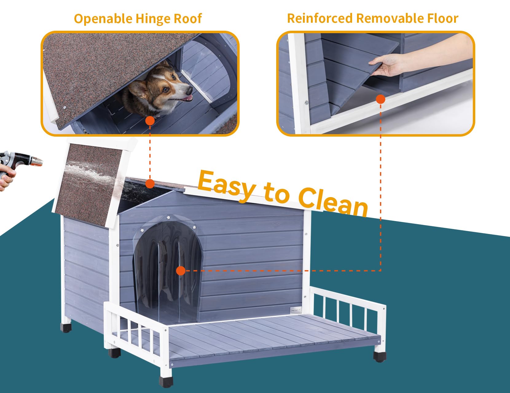 Petsfit Large Dog House With Terrace & Openable Asphalt Roof, 45' L X 54' W X33 H, Xl Dog House Outdoor With Elevated Floor, Window & Door Flap, Outdoor Dog House For Large Dogs