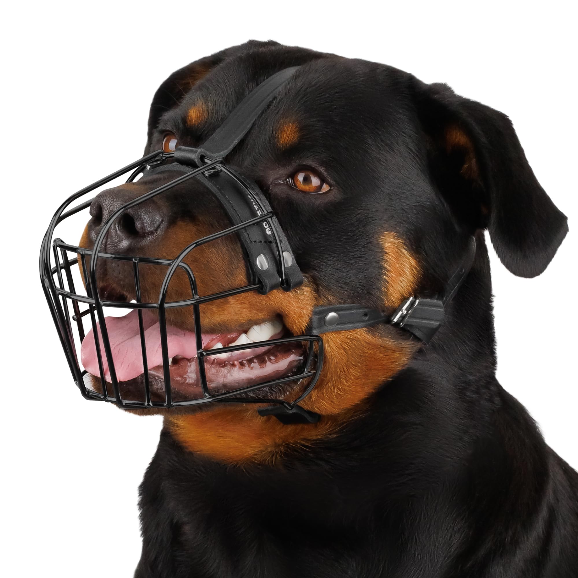 BRONZEDOG Dog Muzzle Adjustable Durable Metal Wire Basket for Large and Extra Large Dogs with Leather Straps Breathable, Drinkab