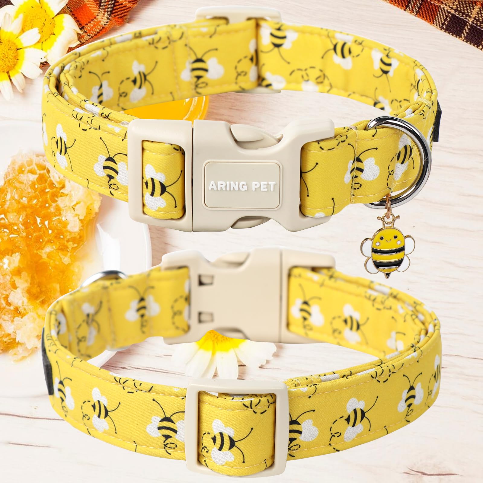 Aring Pet Bees Dog Collar-Cute Dog Collar For Small Dogs, Adjustable Yellow Bees Print Pet Collars Puppy Collar For Small Medium