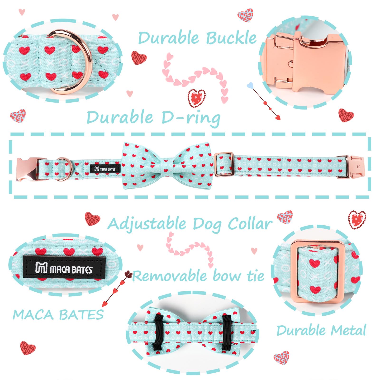 M MACA BATES Maca Bates Valentines Dog Collar with Bow Comfortable Soft Heart Dog Collar with Metal Buckle Adjustable Puppy Coll