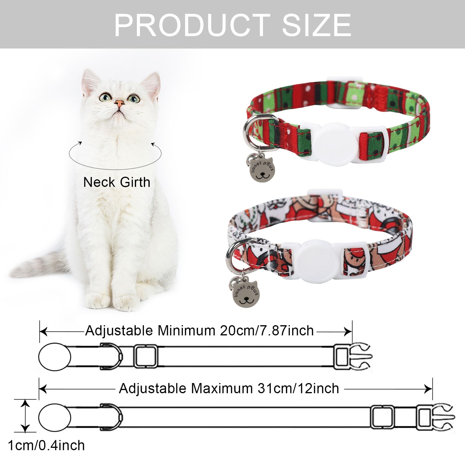 Lionet Paws 2Pcs Pack Cotton Cat Collar,Breakaway Buckle Christmas Cat Coolar With Santa,Red Green Dot Cute Adjustable Cat Kitte