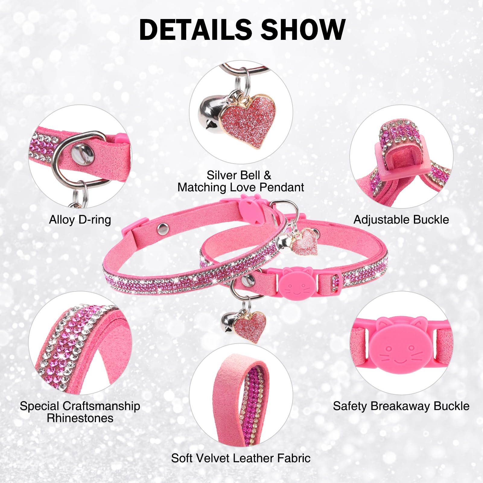 Dillybud Rhinestone Cat Collar Breakaway With Bell Safety Buckle, 2 Pack Bling Diamond Kitten Collar For Gril Cats, Soft Velvet