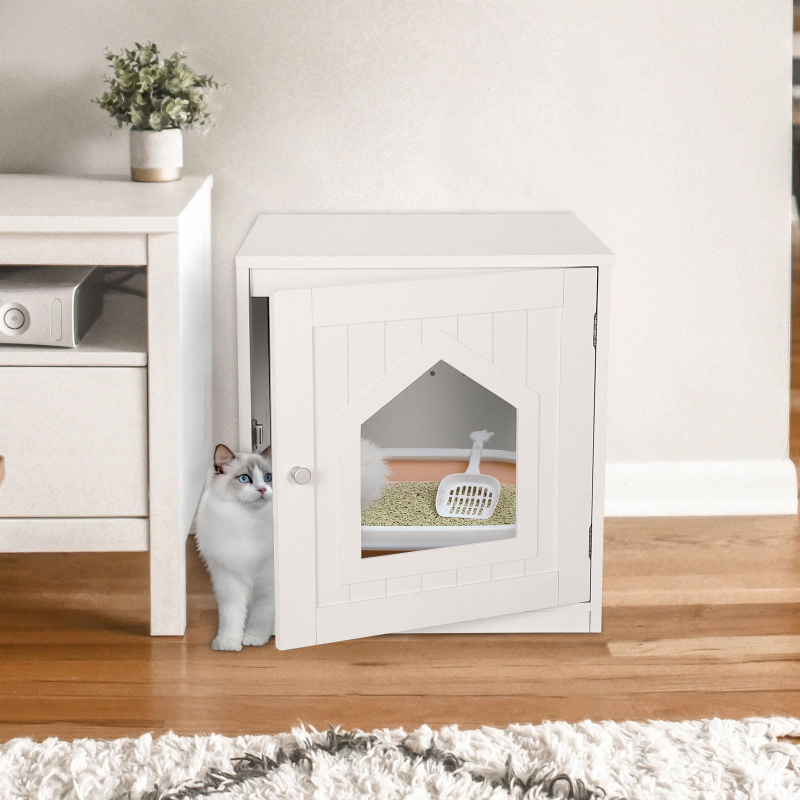 Zeny Cat House & Side Table, Pet Cat Litter Box Enclosure With Vent Holes, Wooden Enclosed Cat Washroom, White