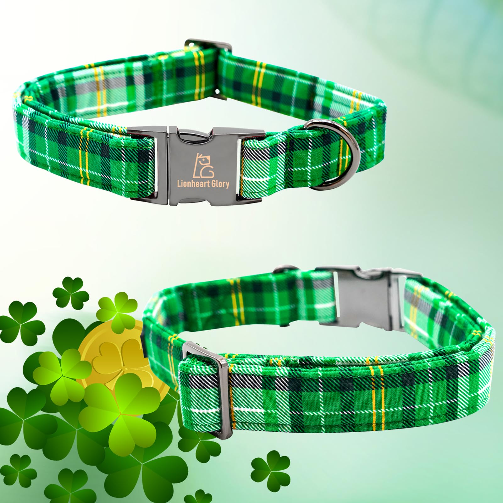Lionheart Glory St. Patrick'S Day Collar - Green Plaid, Adjustable Heavy-Duty Collar For Small Dogs