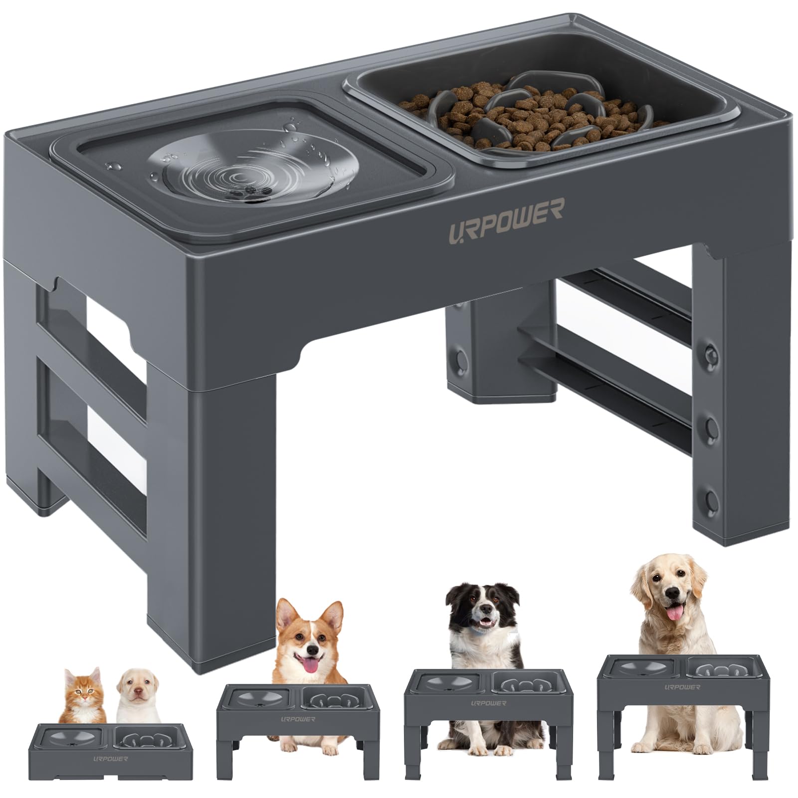 URPOWER 2-in-1 Elevated Slow Feeder Dog Bowls with No Spill Dog Water Bowl Dispenser 4 Height Adjustable Raised Dog Bowl Non-Sli