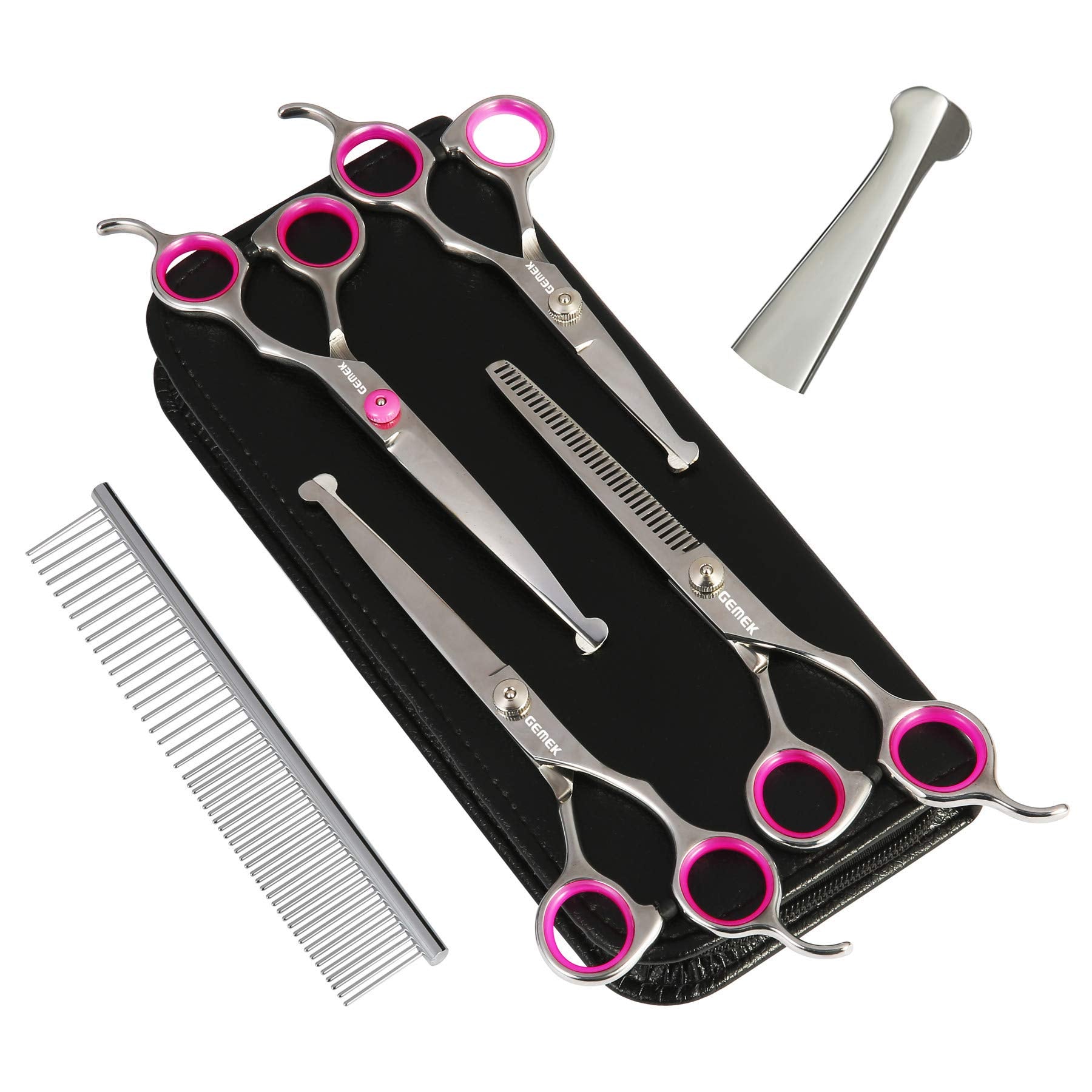 Gemek Dog Grooming Scissors Set, 4Cr Stainless Steel Safety Round Tip Pet Professional Grooming Tool 5 Pieces Kit - Straight, Curved, Thinning Shears & Comb For Dogs, Cats And Other Animals