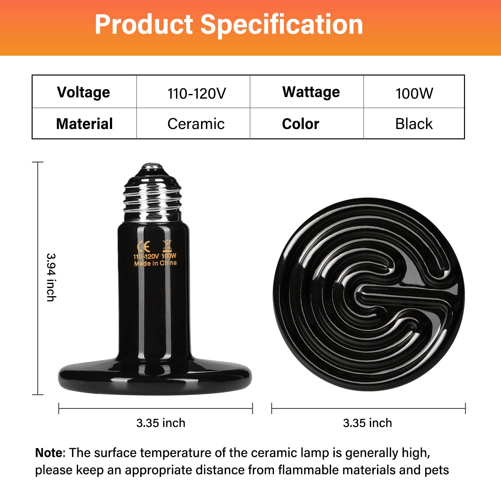 HealSmart Reptile Heat Lamp Bulb Ceramic Heat Emitter 100W No Light Emitting Brooder Coop Heater for Amphibian Pet & Incubating