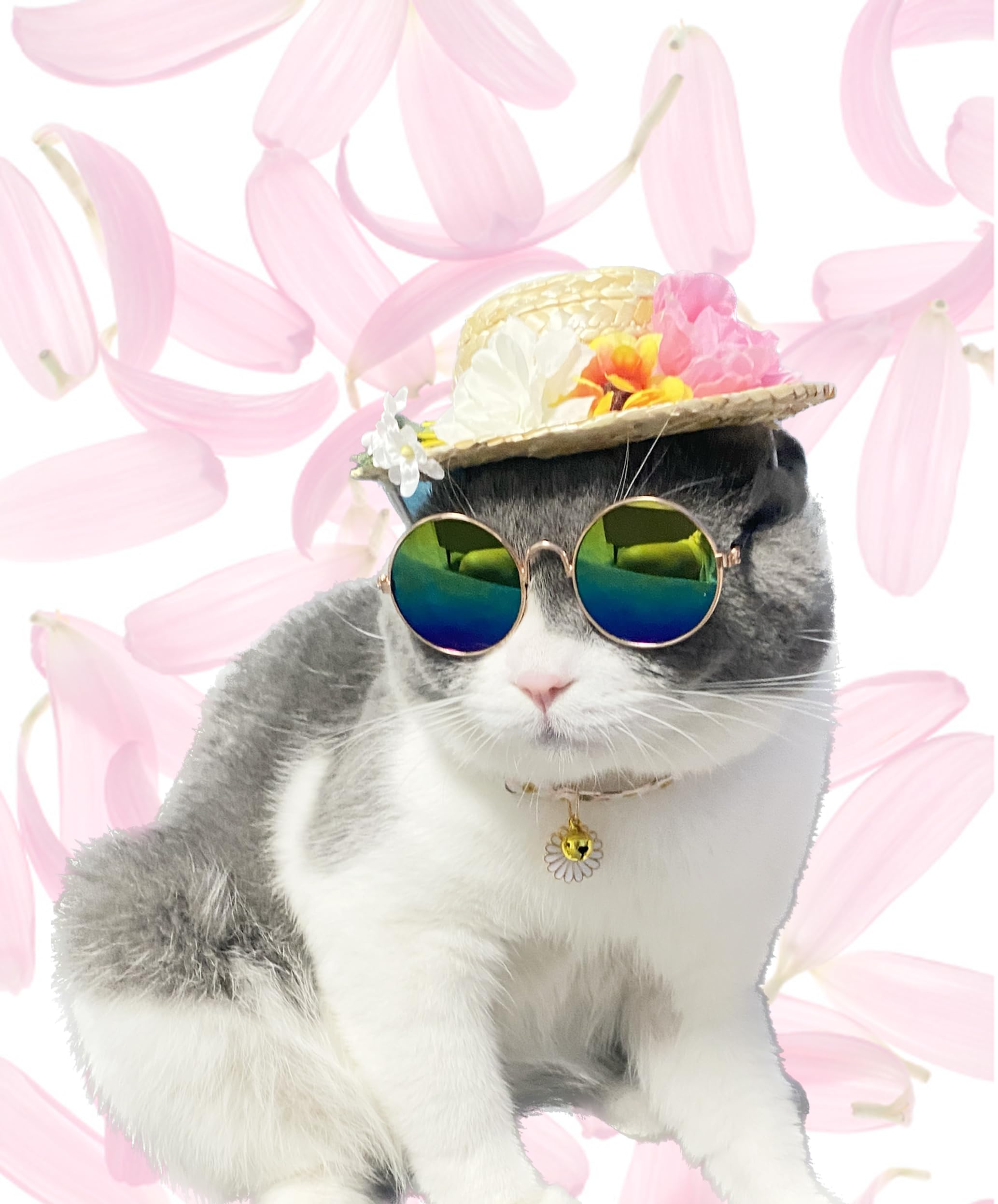 Hawaiian Costume For Dog Hawaiian Bandanna Summer Hat For Cat Sunflower Bandanna Sunglasses Summer Costume For Pet (Pink)