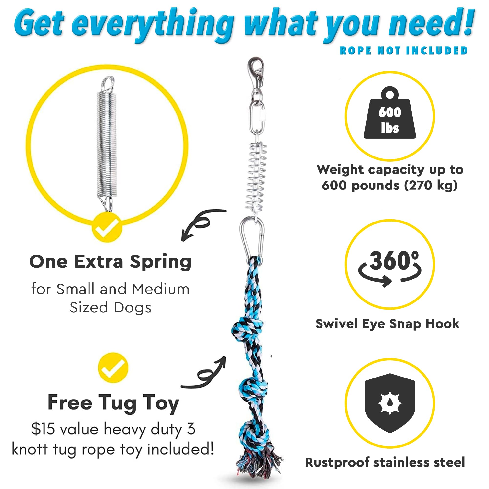 Yes4Quality Flirt Pole For Dogs, 2 Durable Spring Poles W/Strong Dog Rope Toy, Heavy-Duty Lure Pole For Dogs Of Any Size, Dog Toy For Fun Obedience Training & Exercise, Pull & Tug Of War Toy