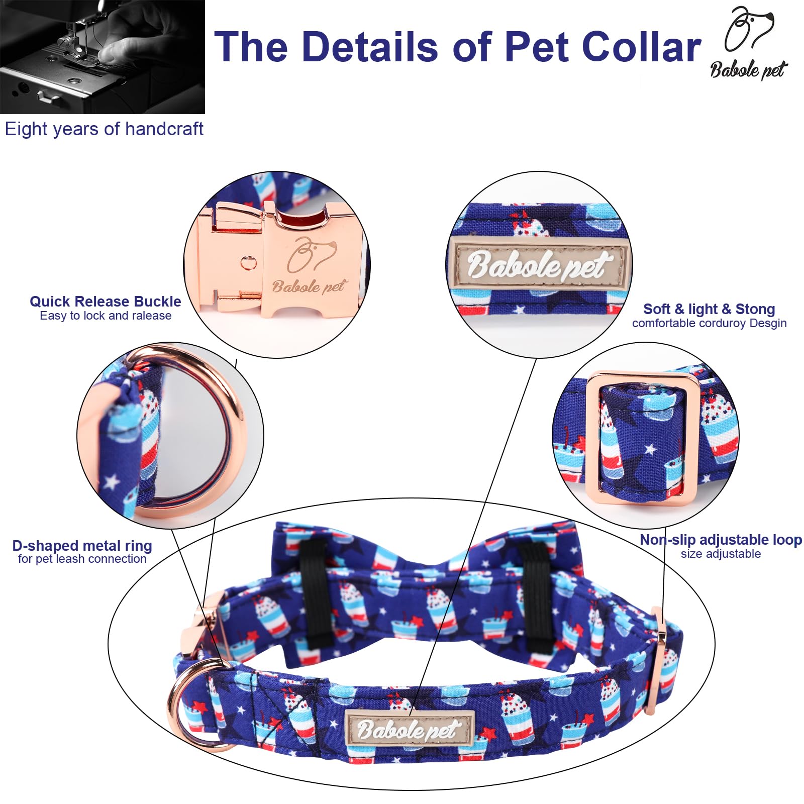 Babole Pet 4Th Of July Dog Collar With Bow Tie - American Flag Day Patriotic Dog Collars Blue Star Sundae Summer Bowtie Collar F