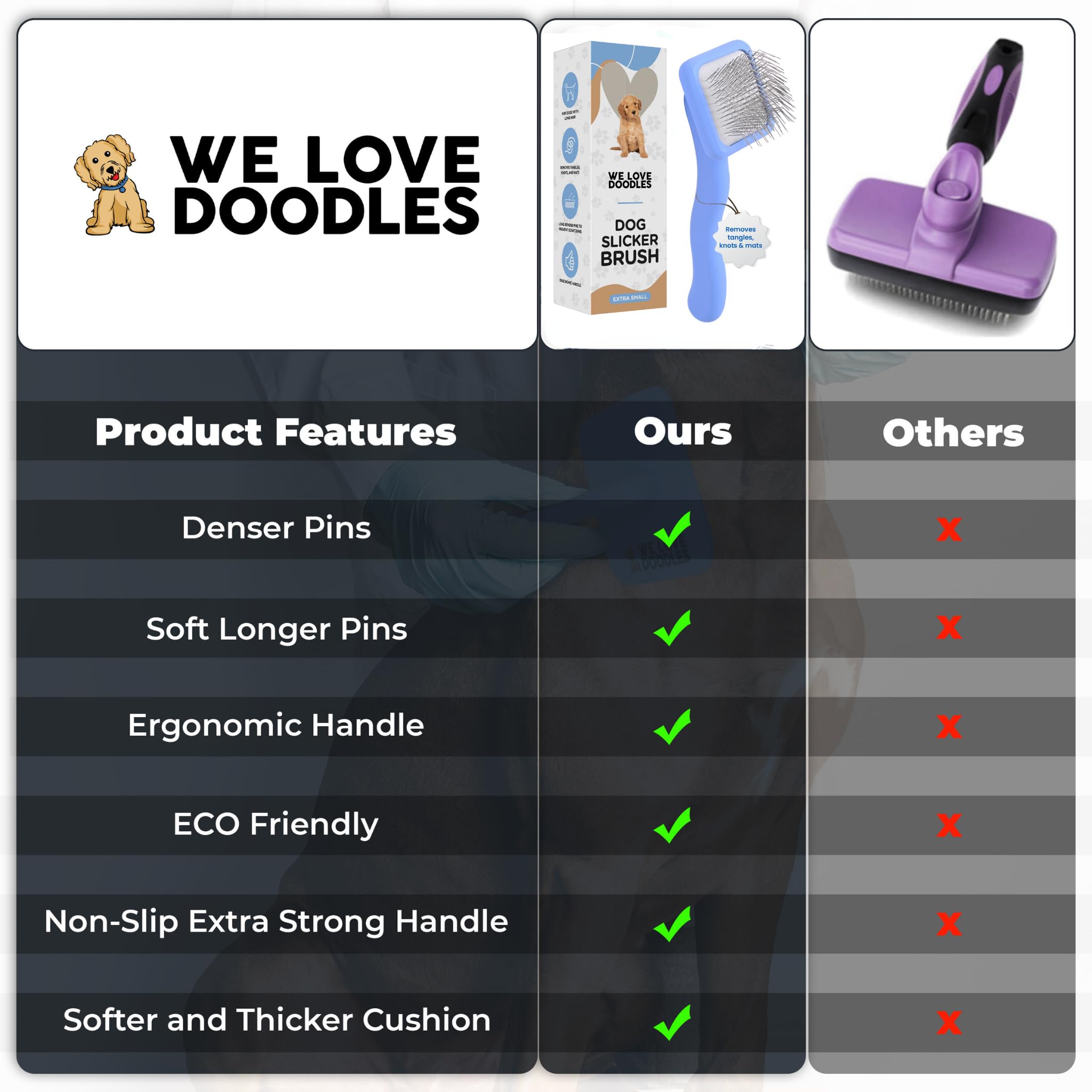 We Love Doodles Dog Slicker Brush for Grooming Pet Hair - Best Brushes For Poodle & Golden Doodle - Long Haired Coat Hairbrush -