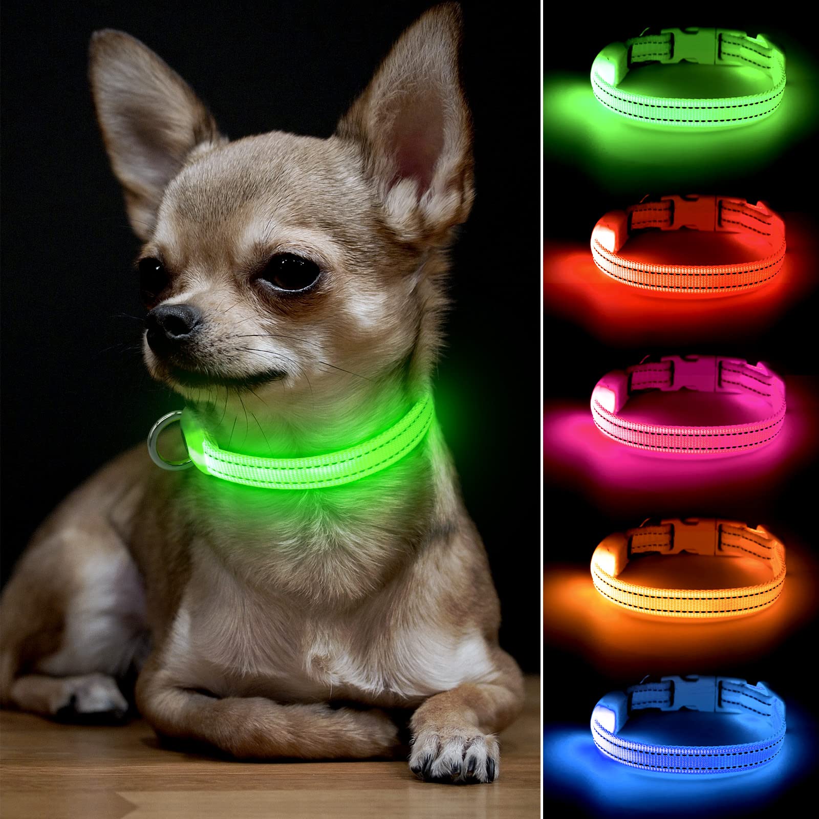 Bseen Adjustable Led Dog & Cat Collar - Rechargeable, Small Breeds, Green, 8.5-11.8 Inches, Nylon, Lightweight, Reflective, 2 Fl