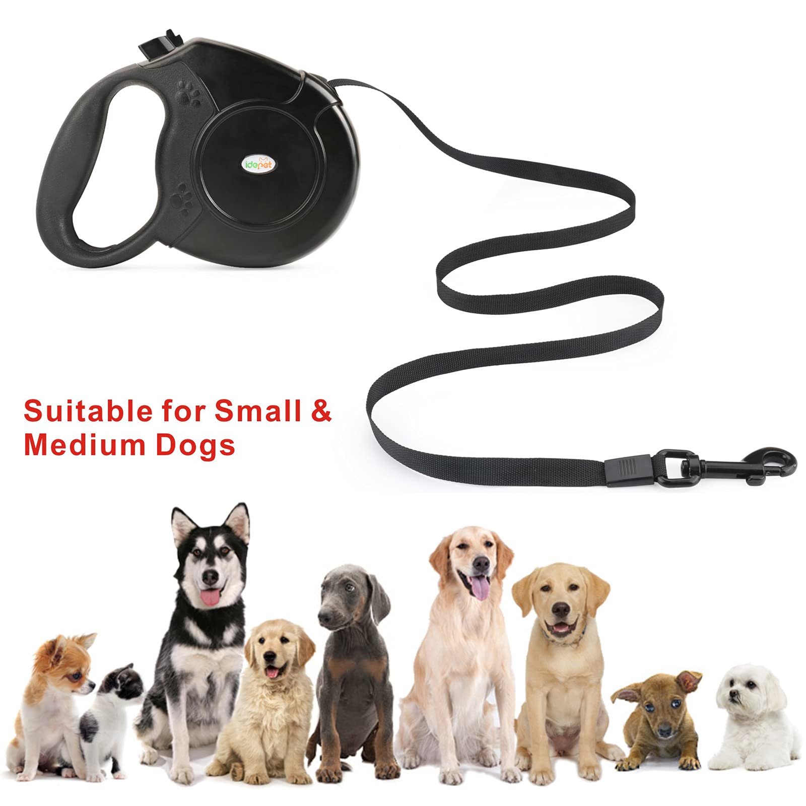 Idepet Heavy Duty 16ft Retractable Dog Leash for Small & Medium Dogs, Tangle-Free Steel Chain, Break & Lock System, Black