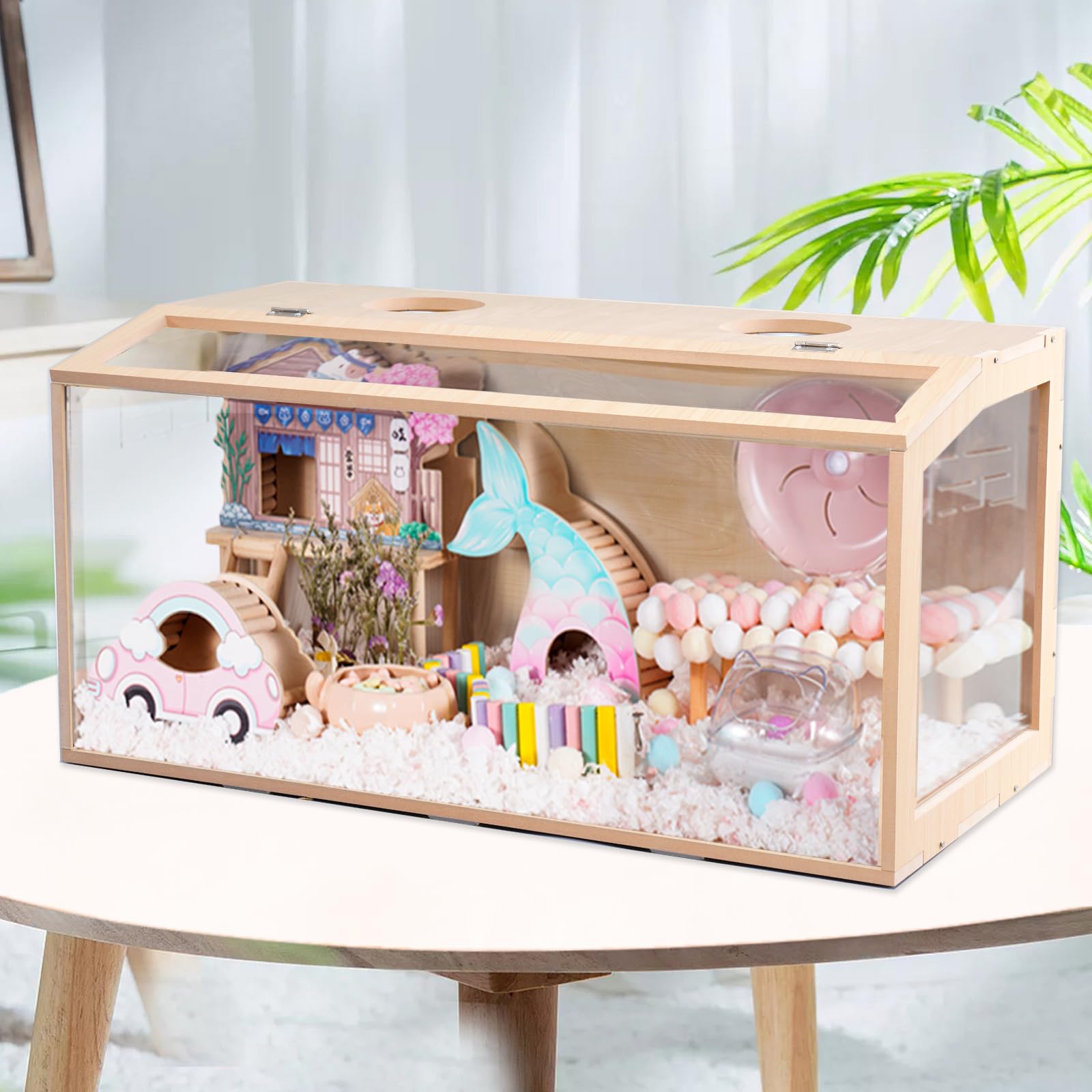 31.5 Inch Wooden Hamster Cage, Large Habitat, Openable Top, Transparent Acrylic For Interior View, Ventilated, Easy To Clean, Fo