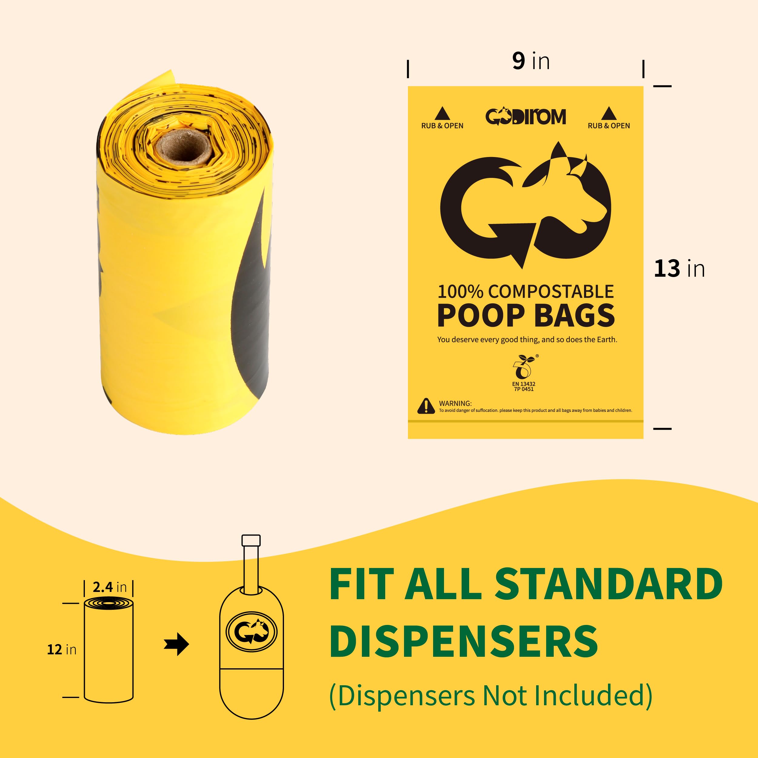 Certified 100% Compostable Poop Bags For Dogs, 270 Count Guaranteed Leak Proof And 18 Microns Extra Thick Dog Waste Bag, 18 Roll
