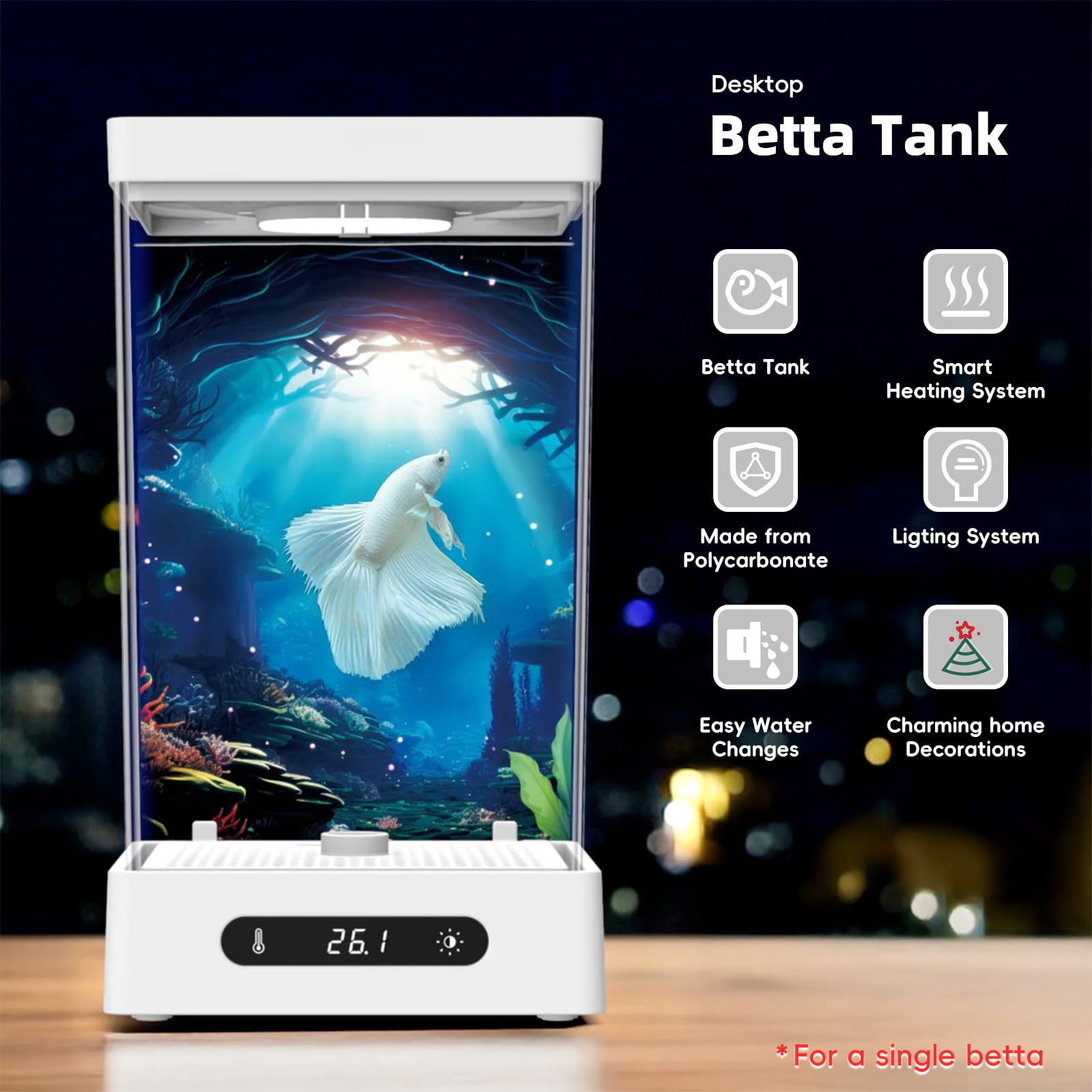 Sheawasy Betta Fish Tank with Smart Heating, Easy Water Change Valve & LED Lighting - Ideal for Home, Office & Bedrooms