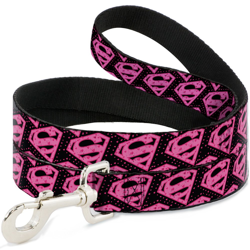 Buckle-Down Pet Leash - Diagonal Superman Logo W/Hearts Black/Pink - 4 Feet Long - 1' Wide