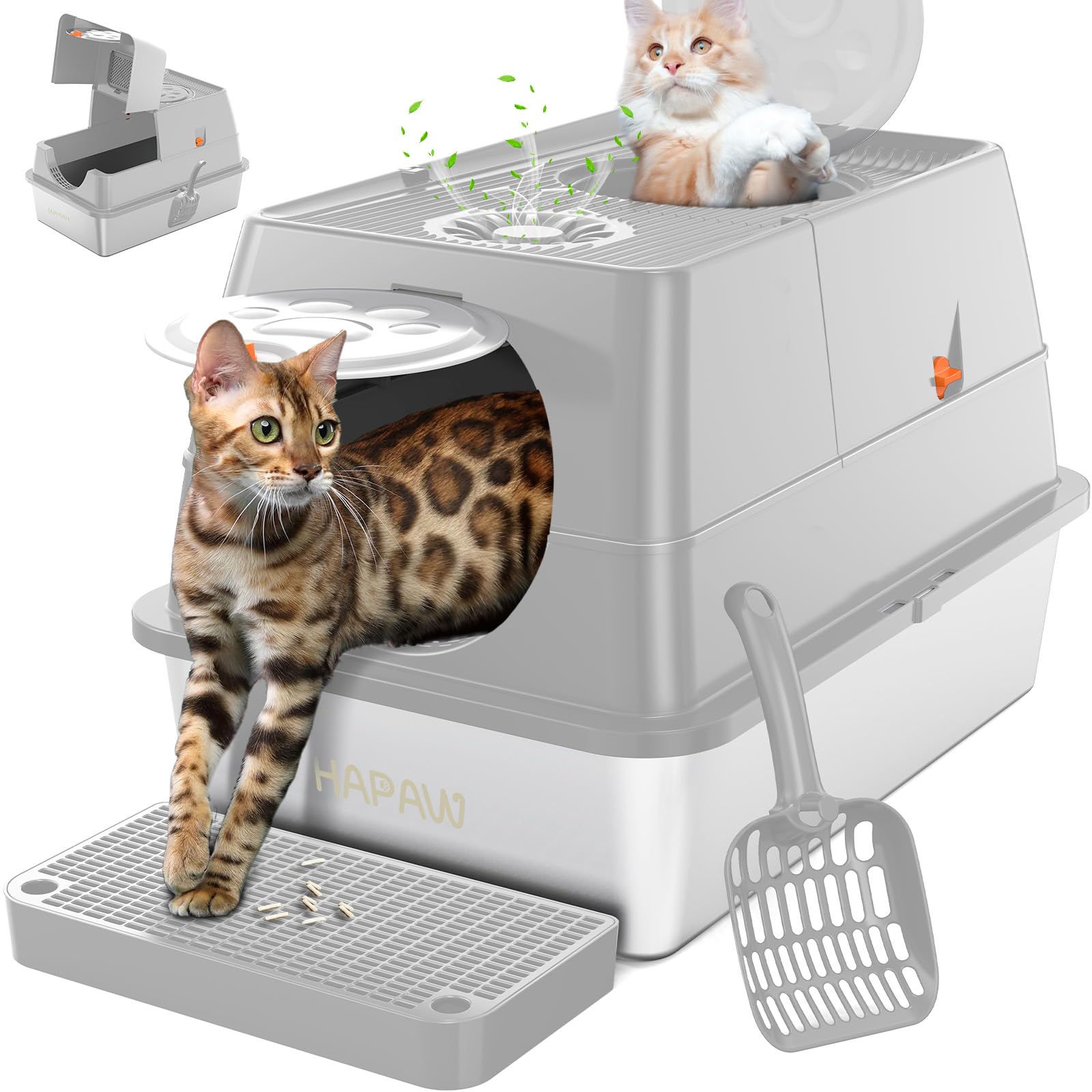 Hapaw Stainless Steel Litter Box With Lid, 135 Flip-Top Extra Large Cat Litter Pan, Enclosed Metal Litter Box With Litter Scoop 