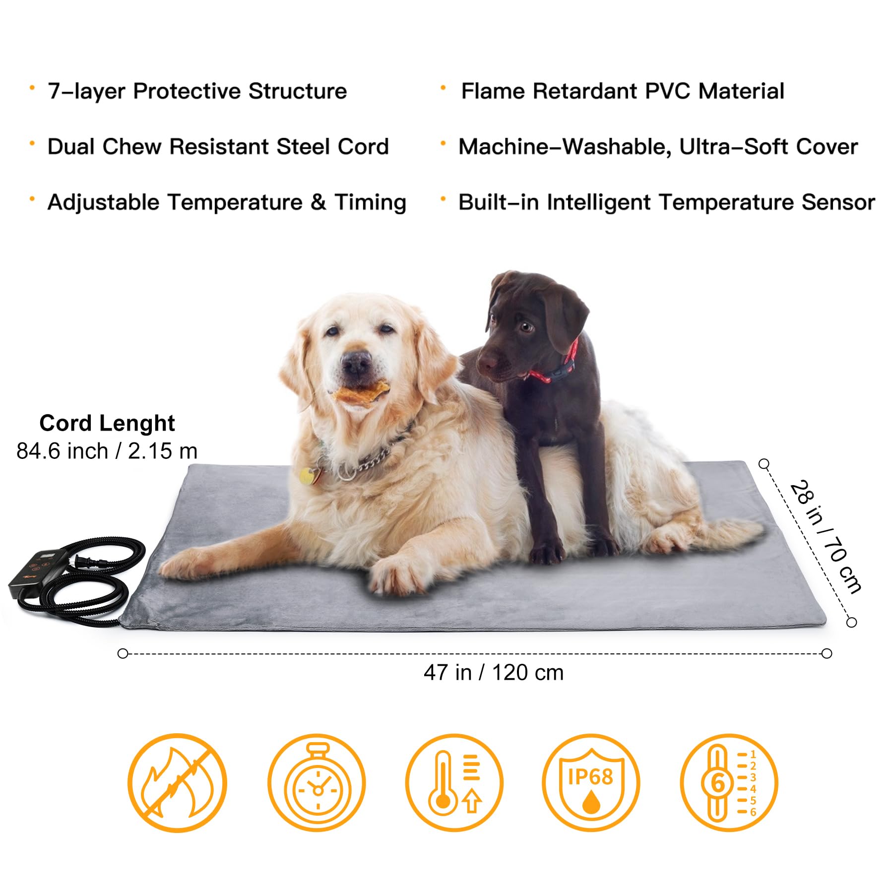 Toozey Extra Large Pet Heating Pad, 6 Adjustable Temperature Dog Cat Heating Pad with Timer, Waterproof Heated Dog Bed with Chew