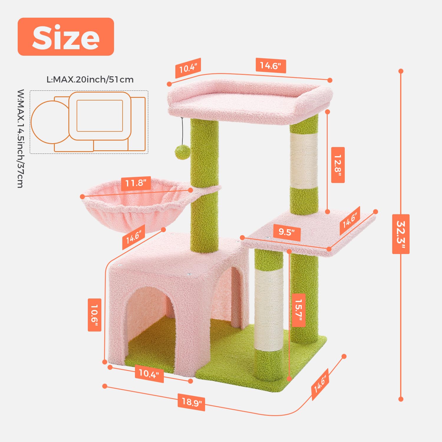 Uymi Pink Cat Tree For Indoor Cats With Metal Frame Carpet Hammock, 32 Cute Cat Tower With Cozy Condo, Top Perch, Scratching P