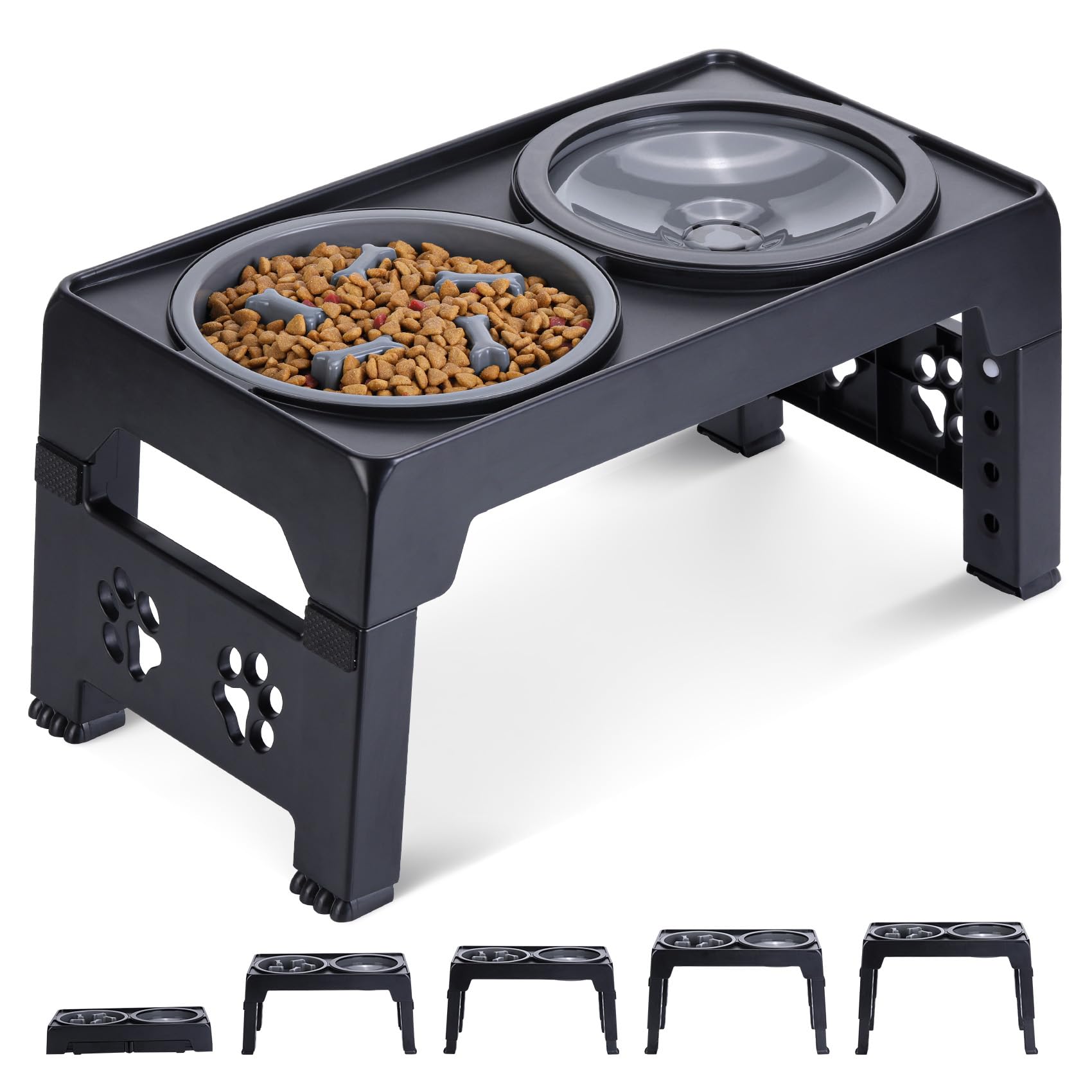 LALOBLUE Elevated Dog Bowls, Raised Slow Feeder Dog Bowls with No Spill Water Bowl, Dog Bowl Stand Adjusts to 5 Heights 2.95'', 