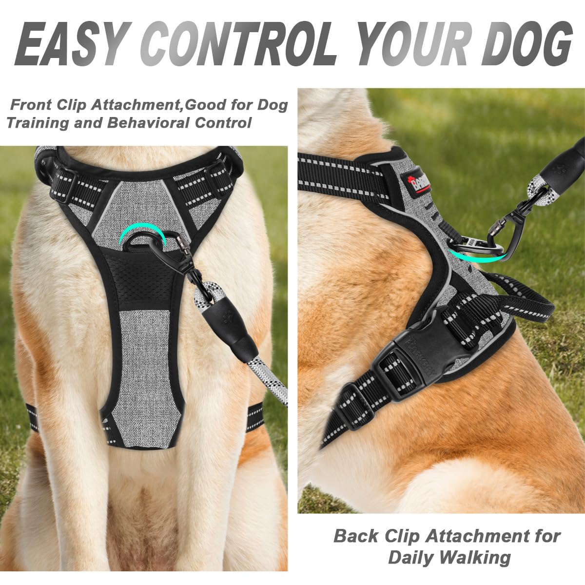 Barkbay No Pull Dog Harness Front Clip Heavy Duty Reflective Easy Control Handle For Large Dog Walking(Dark Grey,M)