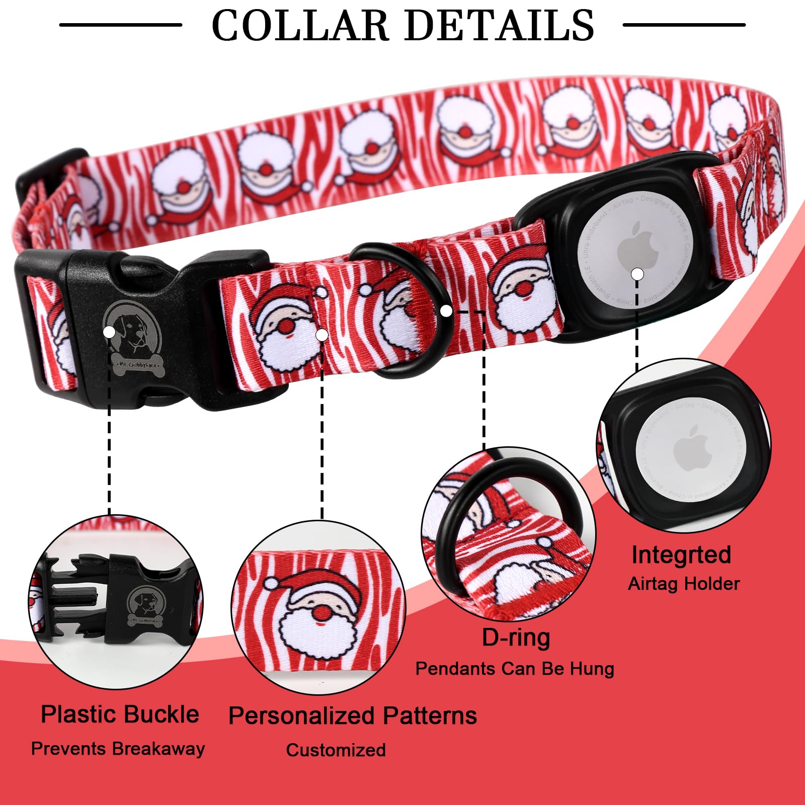 Christmas Dog Collar With Apple Airtag Holder Mr.Chubbyface Winter Senta Dog Collar For Small Medium Large Boy Girl Dogs