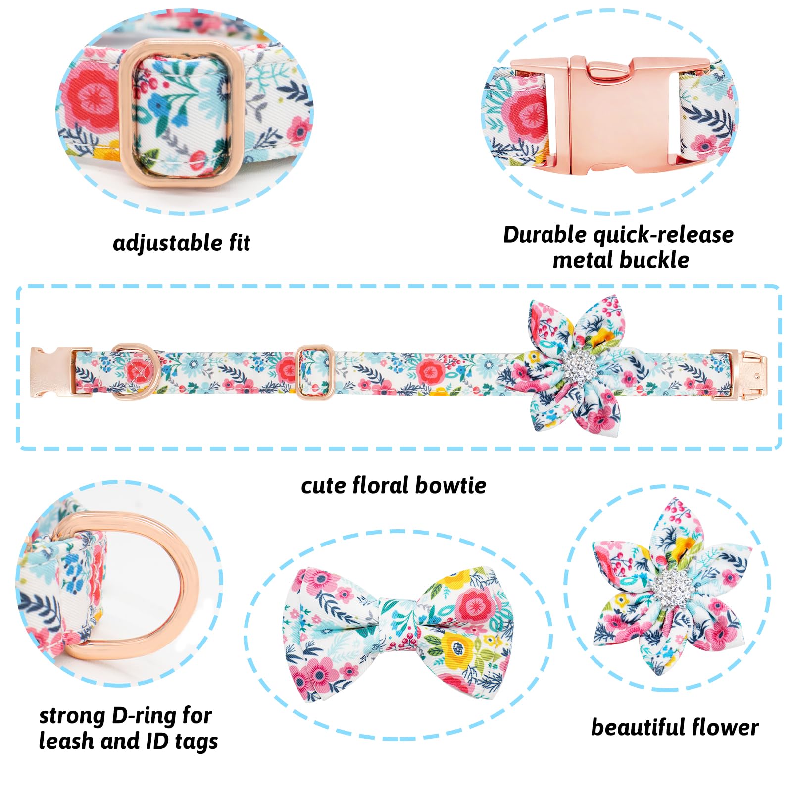 HSIGIO Dog Collar and Leash Set Girls Adjustable Puppy Collars with Floral Bow Tie for Small Medium Large Female Dogs, Teal Flow