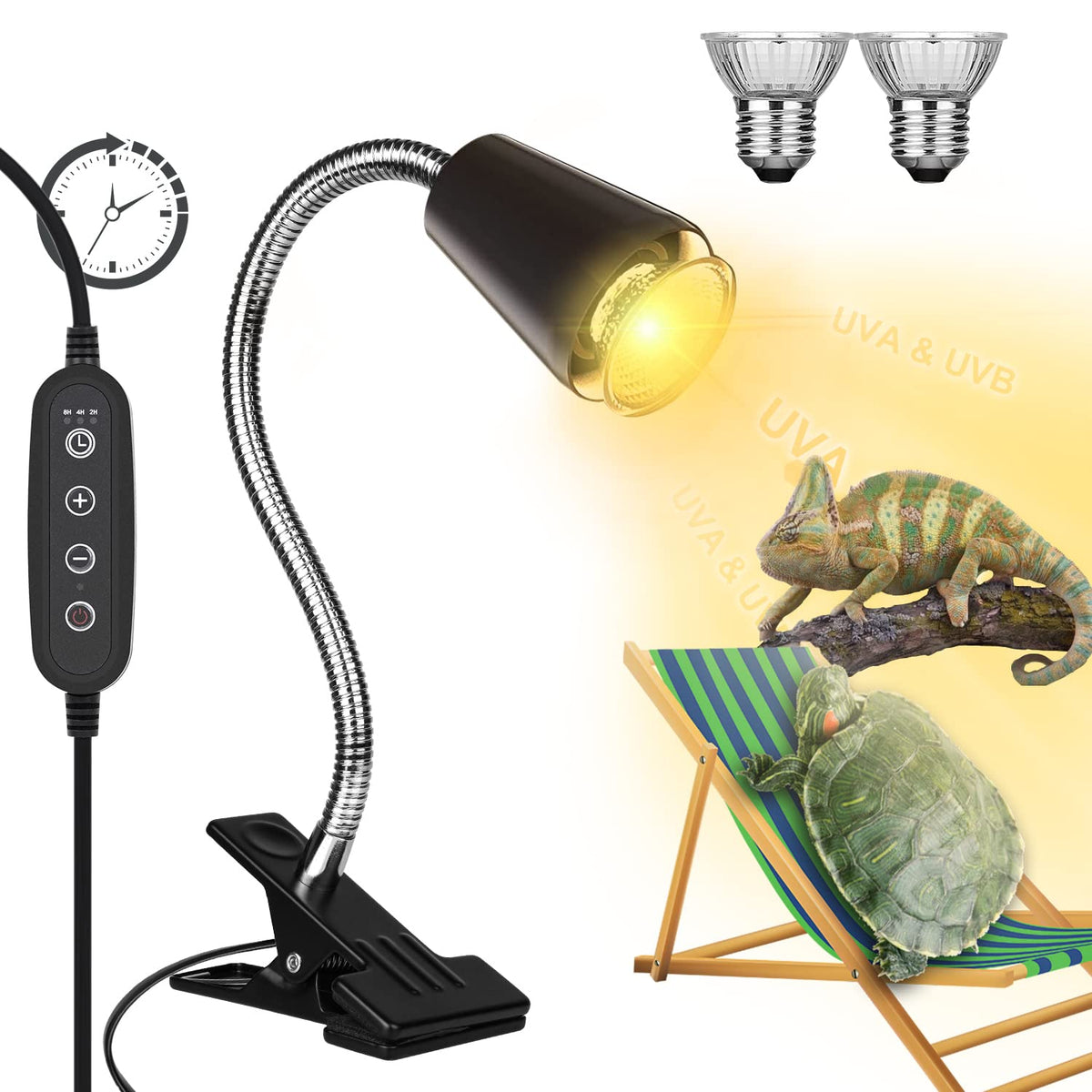 Dallfoll Reptile Heat Lamp, Uva Uvb Reptile Timing Heat Lamp, Reptile Basking Spot Light With 360°Rotatable Swivel And Clamp, Heating Lamp For Turtle, Lizard, Bearded Dragon, E27 25W 50W Bulbs