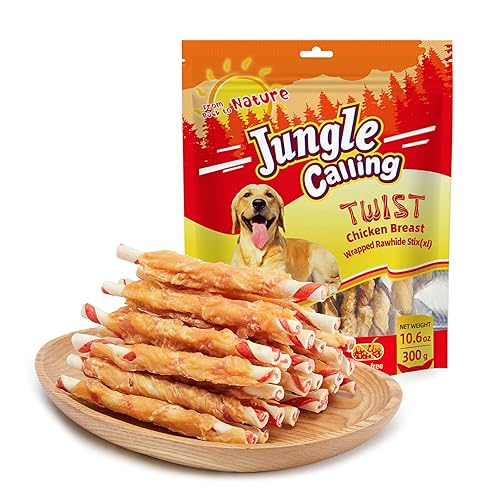 Jungle Calling Dog Treats, Natural Chicken Wrapped Rawhide Sticks, Grain-Free Training Rewards Chews for Small and Medium Puppy,