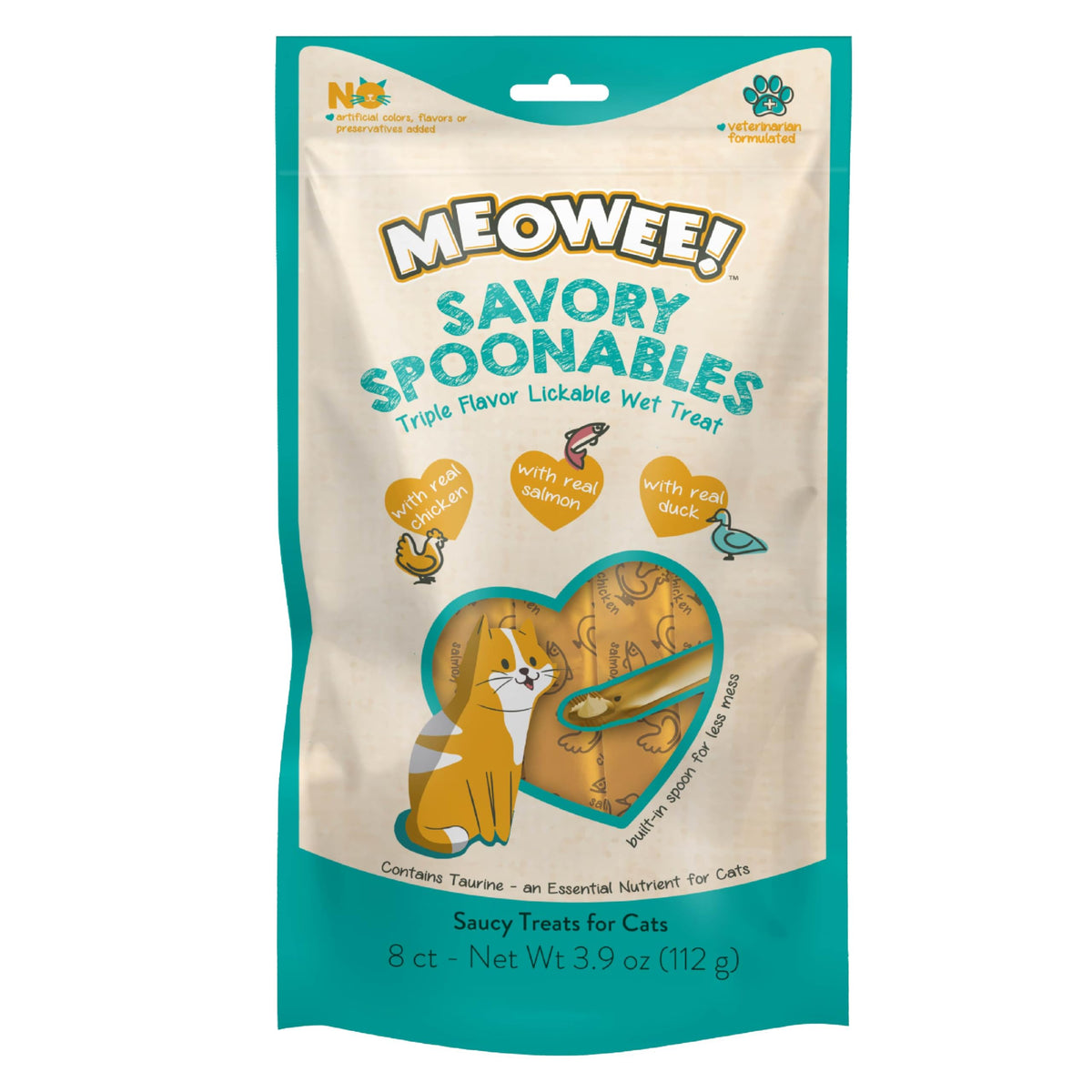 Meowee! Savory Spoonables With Real Chicken, Salmon And Duck For Cats, 8 Count, Treat Your Cat To Triple Flavor Squeezable Licka