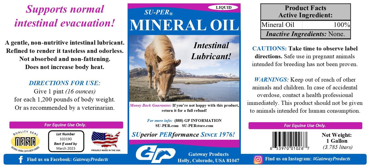 SU-PER Mineral Oil Horse Intestinal Lubricant - Supports Normal Intestinal Evacuation - Laxative & Hoof Care for Horses - 1 Gall