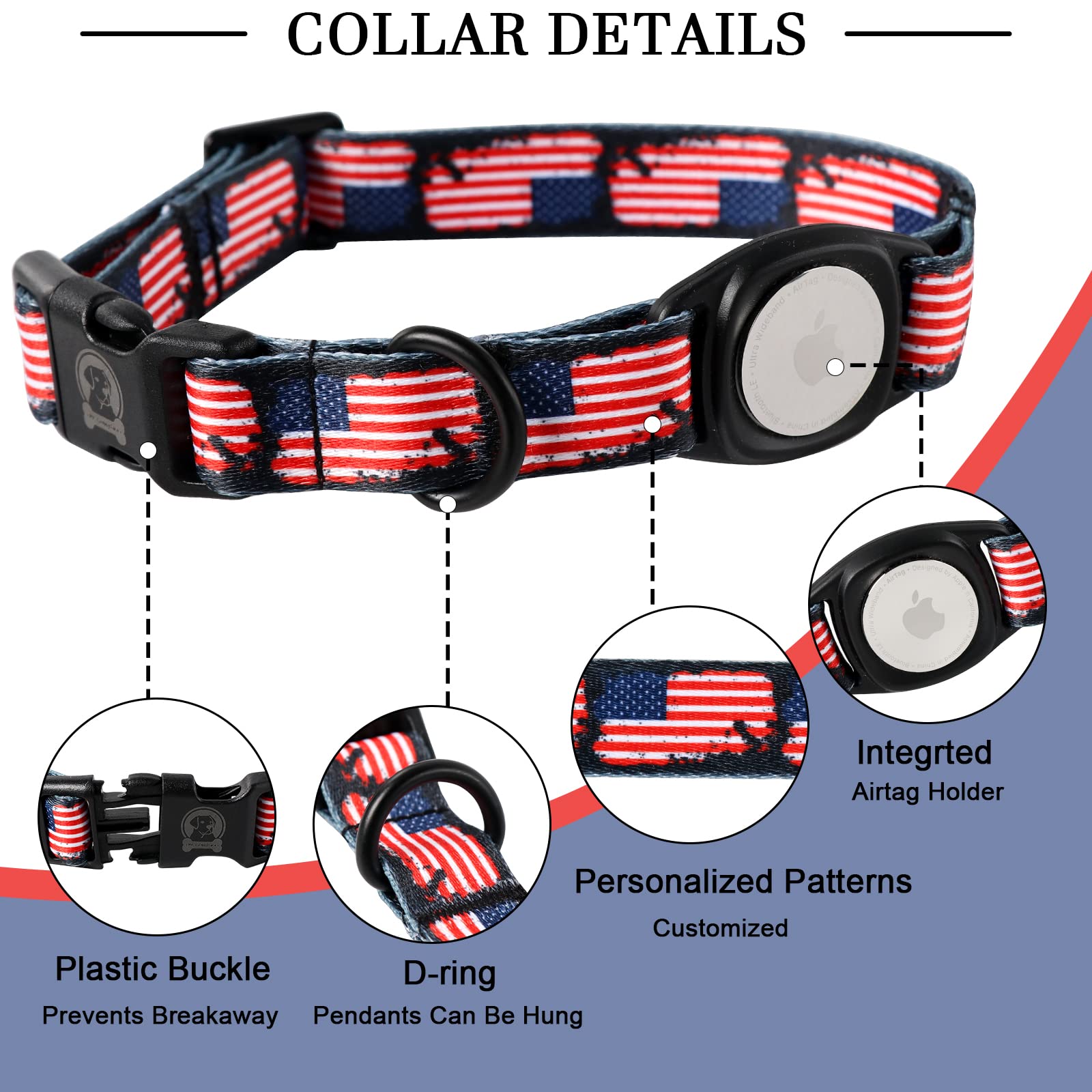 Mr.Chubbyface 4Th Of July Airtag Dog Collar Summer Dog Collars With Apple Airtag Holder For Small Medium Large Dogs