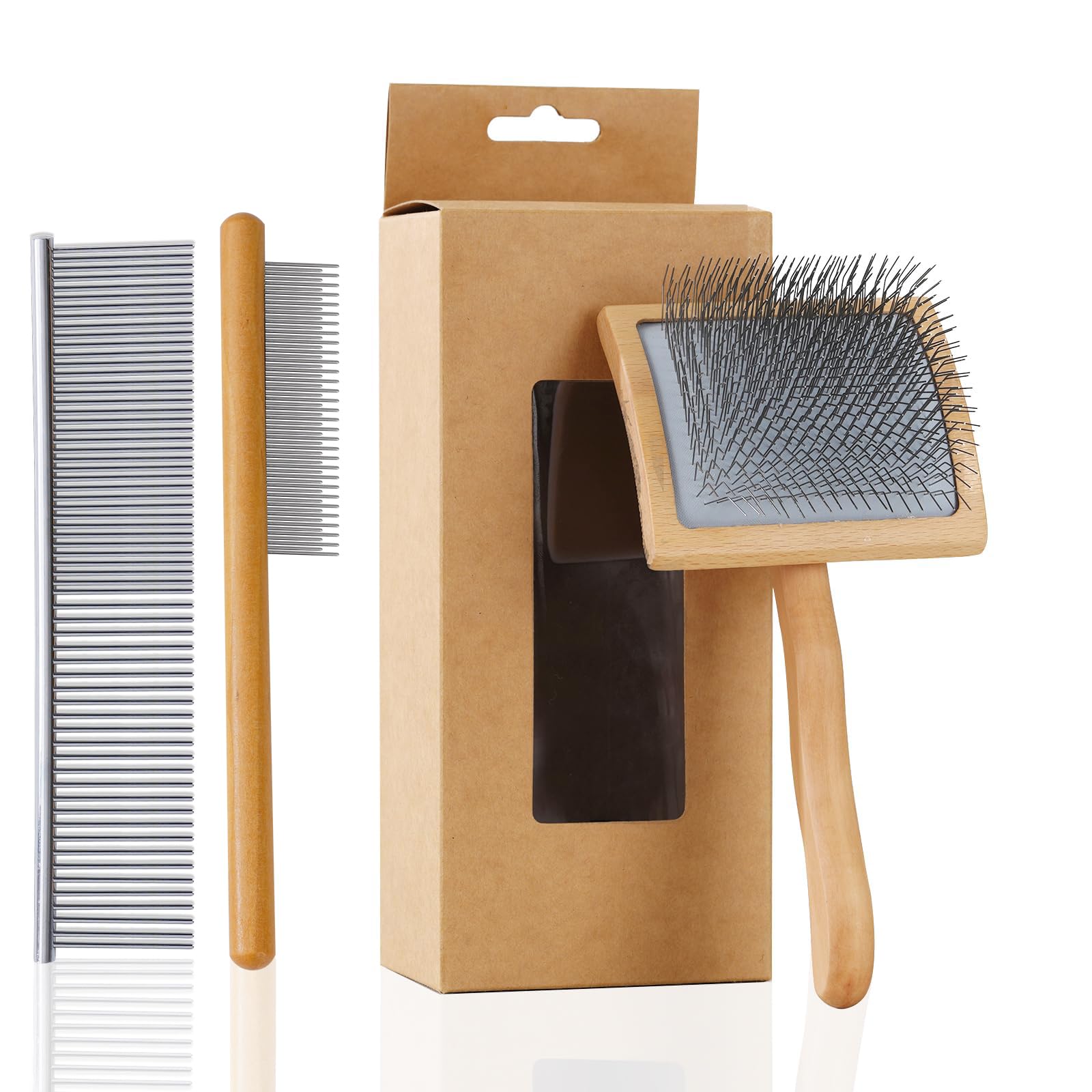 Werduoland Ergonomic Slicker Brush for Long-Haired Dogs - Wooden Handle, Long Pins for Grooming Goldendoodles