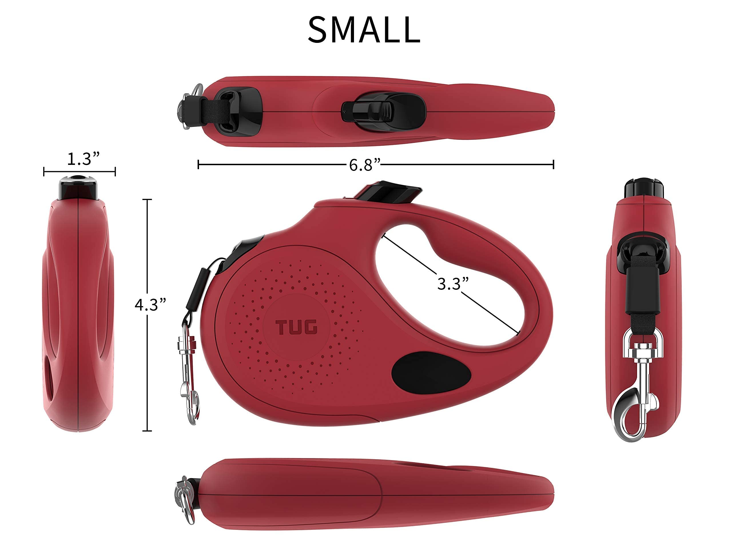 Tug Oval 360?Tangle-Free Retractable Dog Leash With Integrated Waste Bag Dispenser (Small, Red)