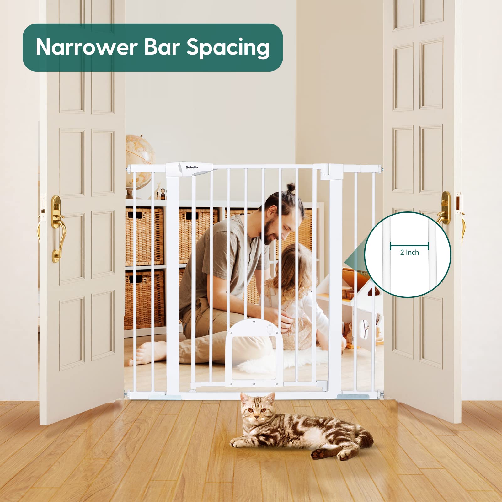 Babelio 36' Tall Upgraded Baby Gate With Cat Door, 29-43' Auto Close Durable Dog Gate For Stairs, Doorways And House, Easy Walk Thru Safety Gate With Pet Door Includes 4 Wall Cups, White