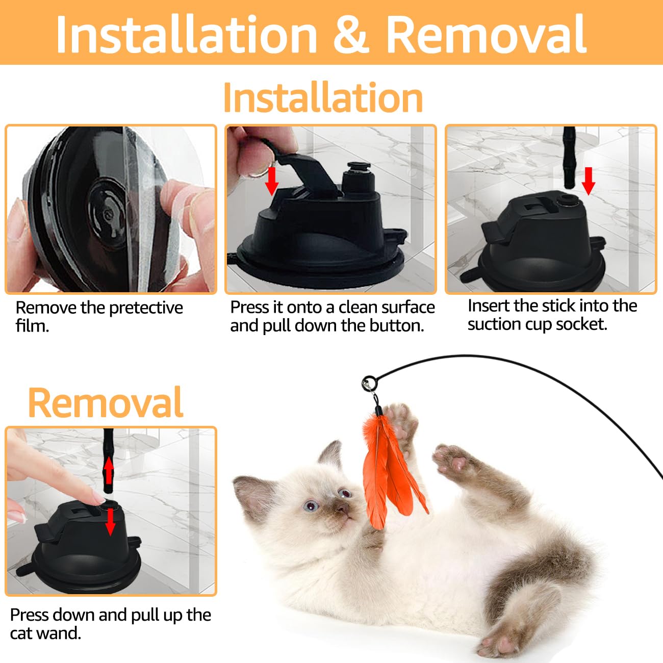 Cat Toys For Indoor Cats,1 Wand+1 Suction Cup+2 Bird+2 Feather+2 Ball+2 Tail+2 String, Interactive Enrichment Stimulation Self P