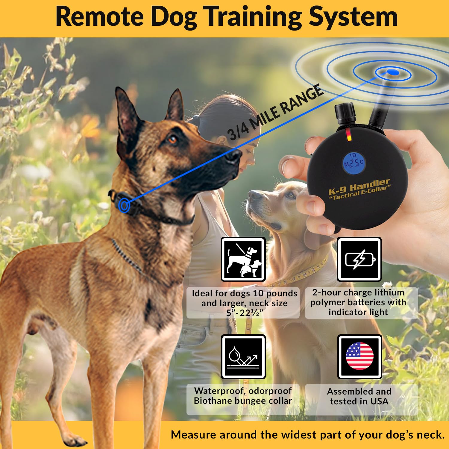 Educator K9 Tactical Dog Handler, 100 Levels Stimulation, Waterproof Biothane Bungee Collar, 33" Black, Model K9-402 B33