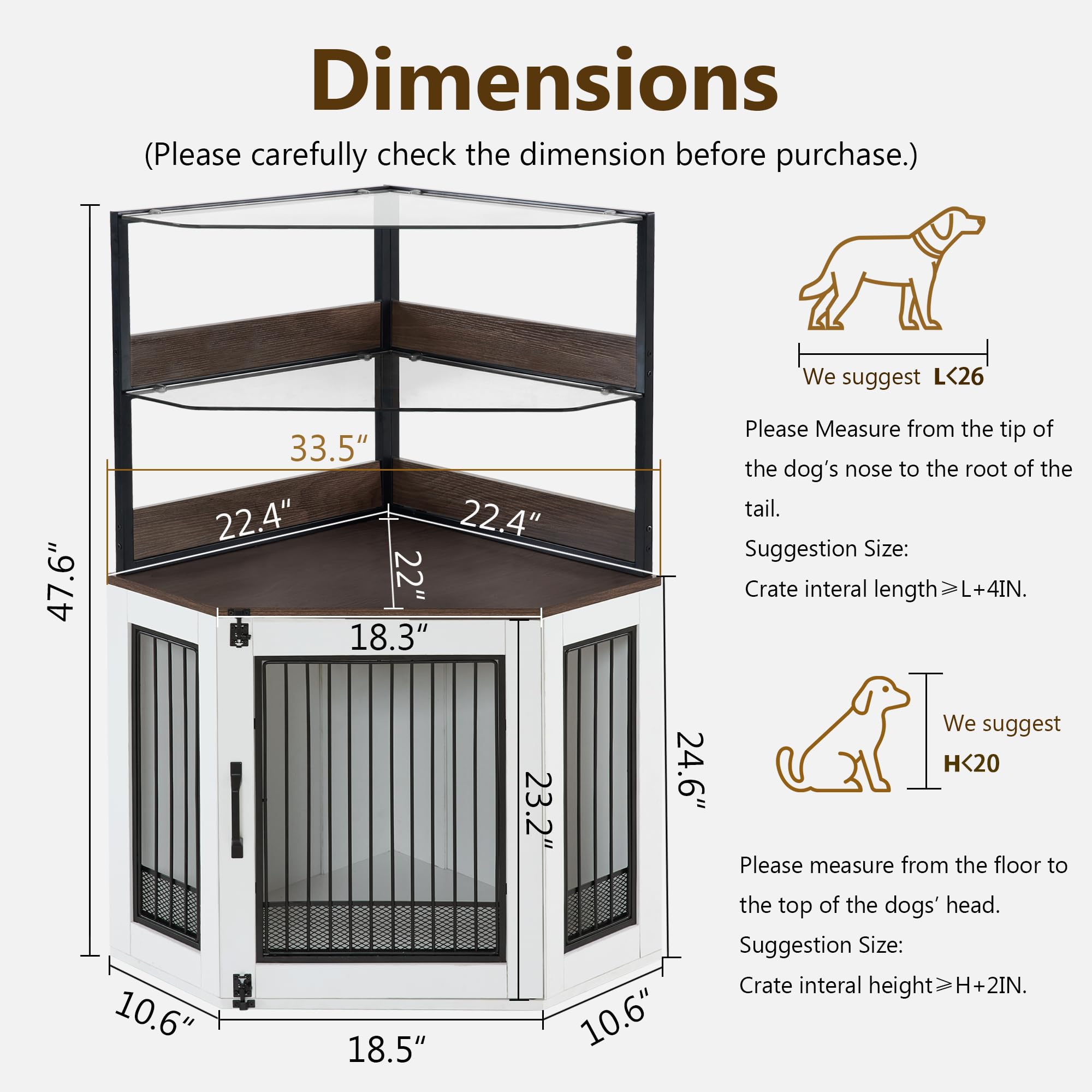 MCombo Small Corner Dog Crate Furniture with Glass Shelves, Wooden Dog Kennel Furniture with Door, Pet Crate Indoor Use, CN17 (W
